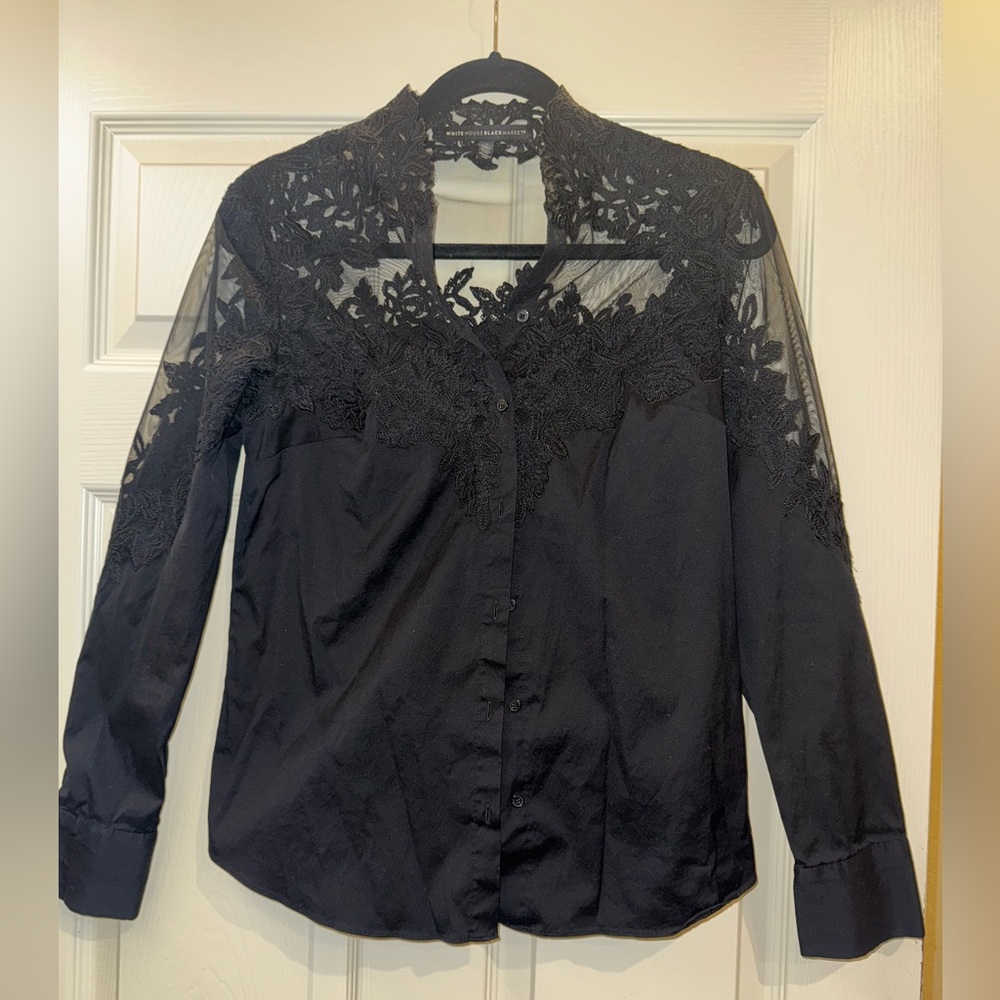 White House Black Market Black Lace Blouse Size 2